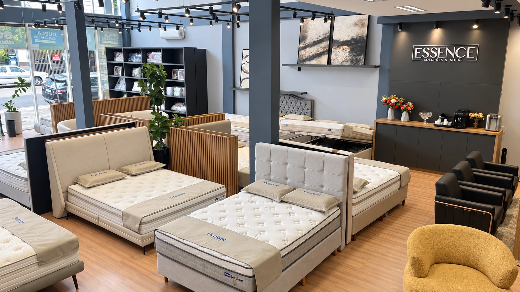 Salão real da Essence Pato Branco com colchões, poltronas e espaço de atendimento
